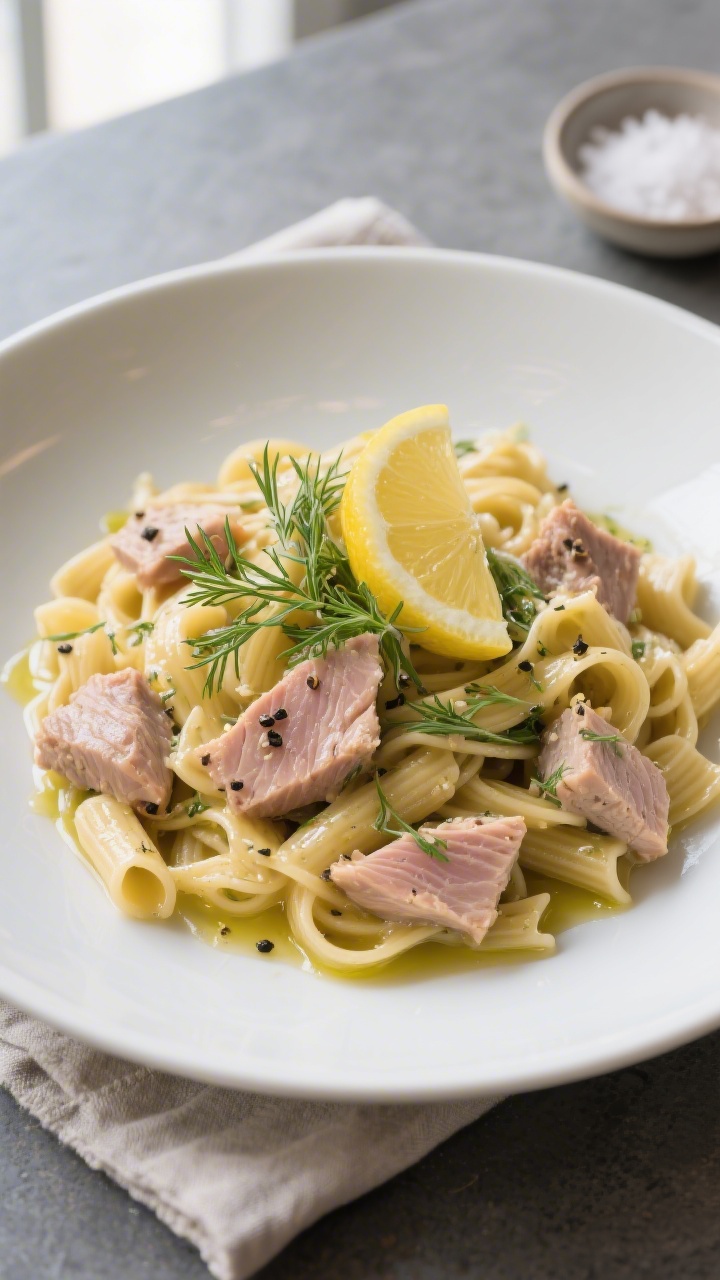 Final dish presentation: Beautifully plated lemon-dill rehydrated tuna tossed with al dente pasta an