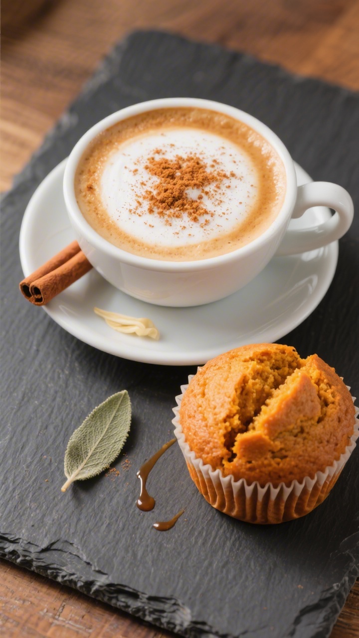 Final dish presentation: Beautifully plated pumpkin-powder spiced latte and muffin duo—of a creamy