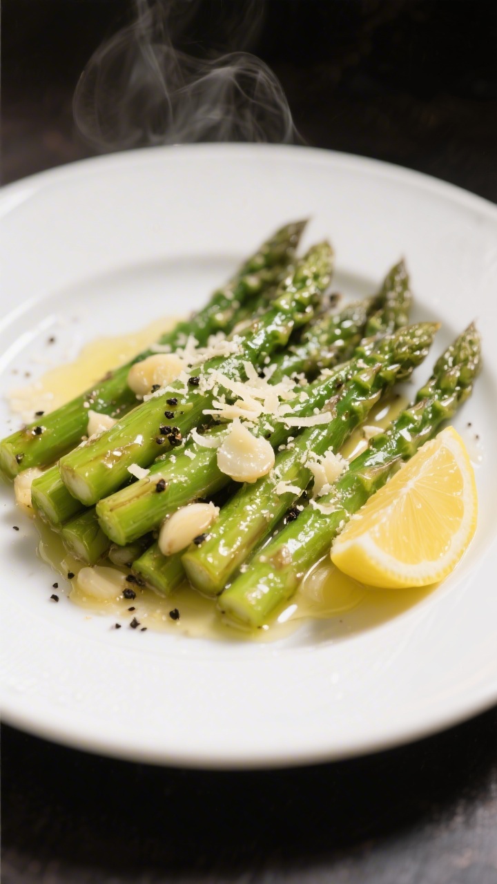 Final dish presentation: Beautifully plated rehydrated asparagus spears sautéed with butter, garlic