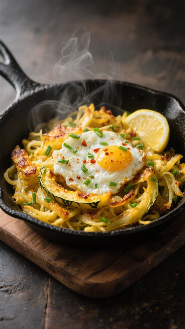Final dish presentation: Beautifully plated skillet hash of rehydrated spaghetti squash shreds pan-f