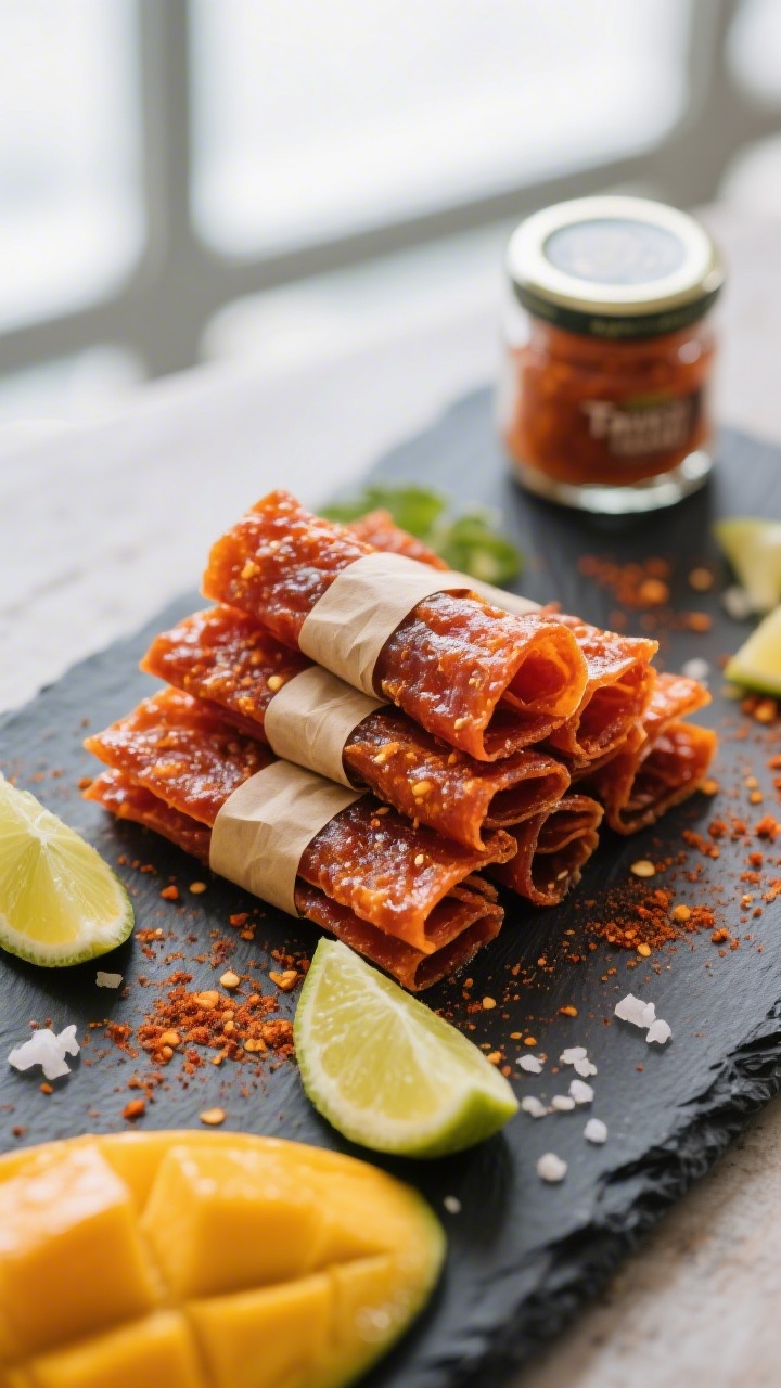 Final dish presentation: Beautifully plated spicy mango jerky on a dark slate board, arranged in nea