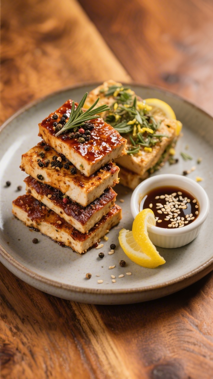 Final dish presentation: Beautifully plated trio of tofu jerky flavor variations—Smoky BBQ with a