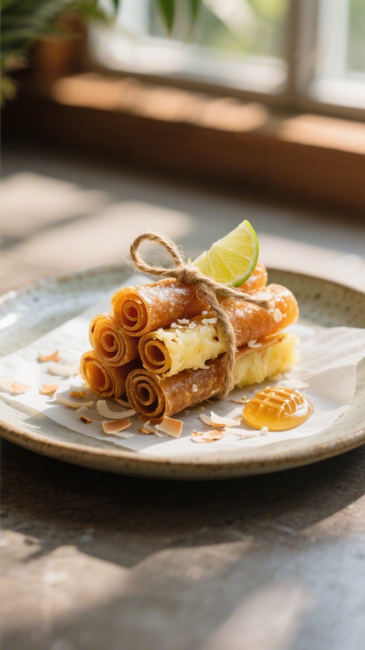 Final dish presentation: Beautifully rolled pineapple coconut fruit leather strips on parchment, sta