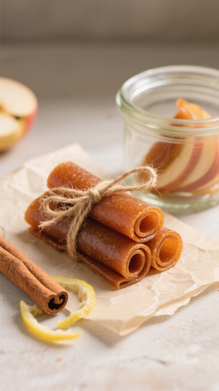 Final dish presentation: Beautifully rolled strips of apple cinnamon fruit leather on fresh parchmen