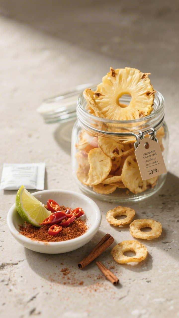 Final dish presentation: Beautifully styled jar of mixed-texture pineappleâsome thicker chewy ring