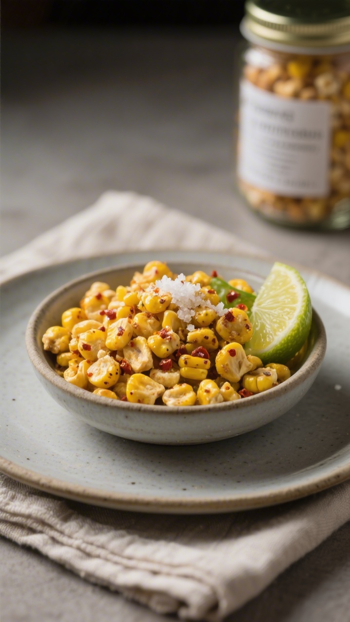 Final dish presentation: Beautifully styled small bowl of savory snack-style dehydrated corn kernels