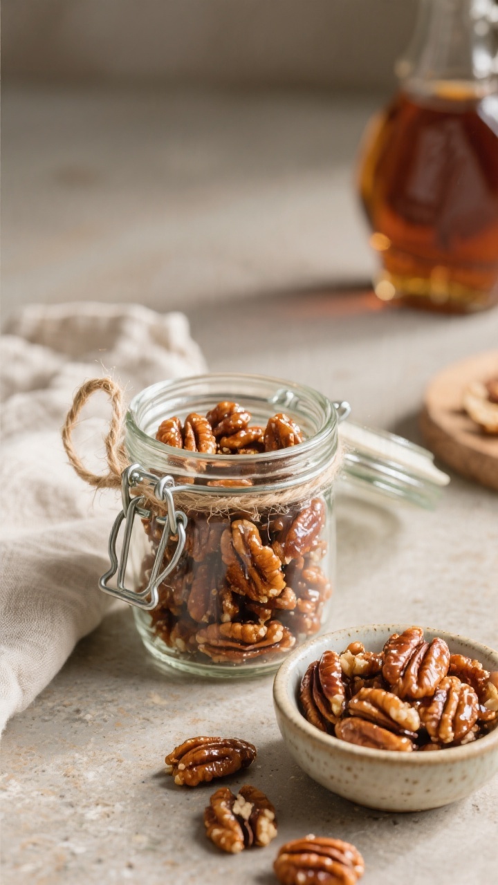Final dish presentation of air fryer candied walnuts packaged for gifting and for snacking—overhea