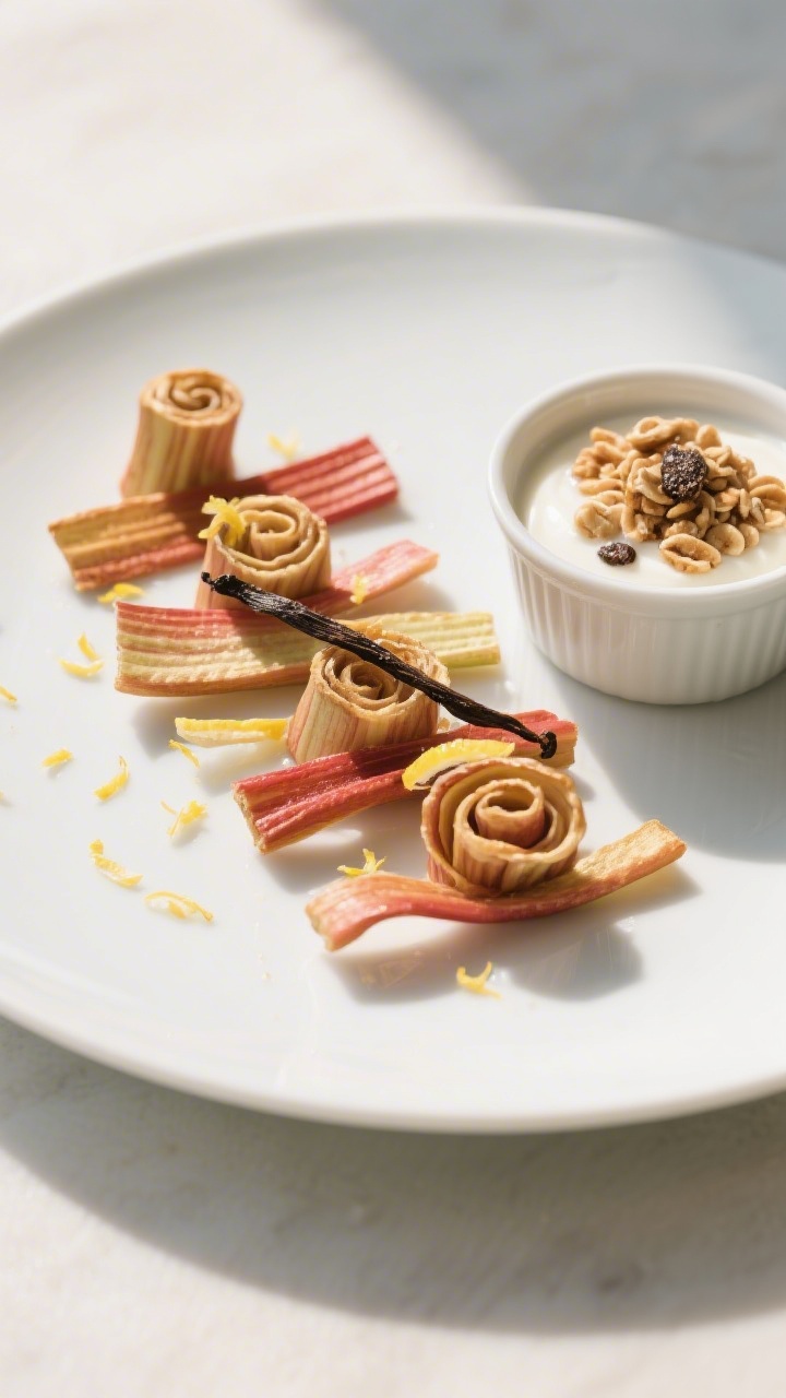 Final dish presentation of beautifully plated dehydrated rhubarb strips arranged in parallel ribbons