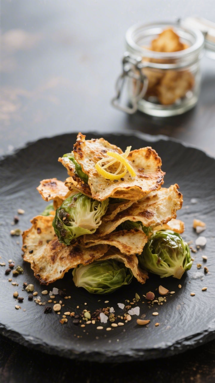 Final dish presentation on a dark slate plate: elegantly stacked Brussels sprout chips with visible