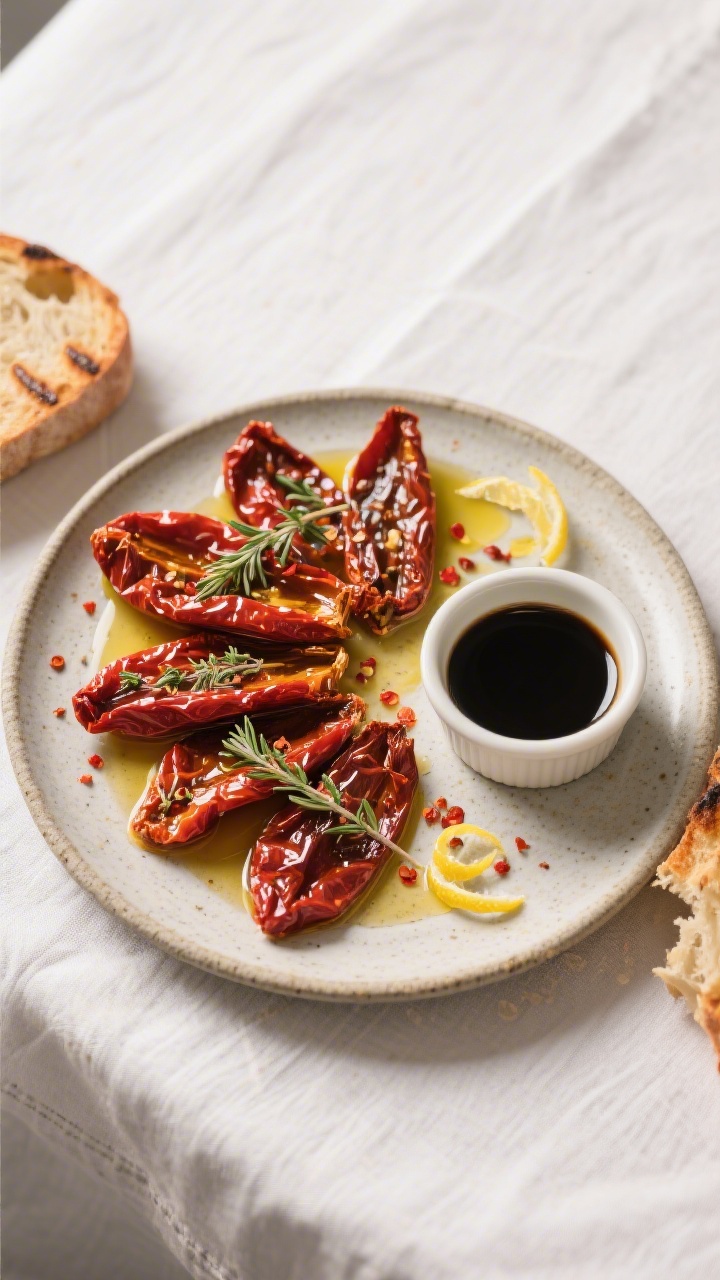 Final dish presentation: Overhead shot of a small stoneware plate with a fan of sun-dried tomato pie