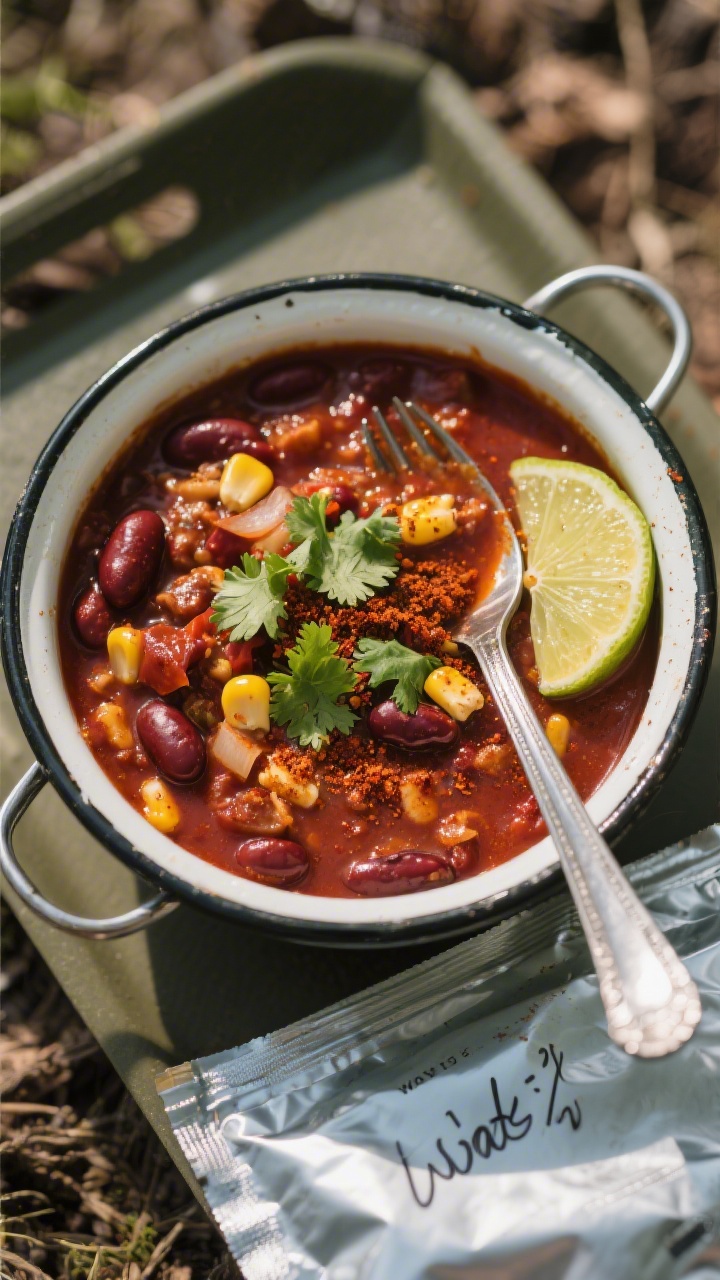 Final dish presentation: Rehydrated trail chili in an enamel camp bowl, overhead top view; deep red-