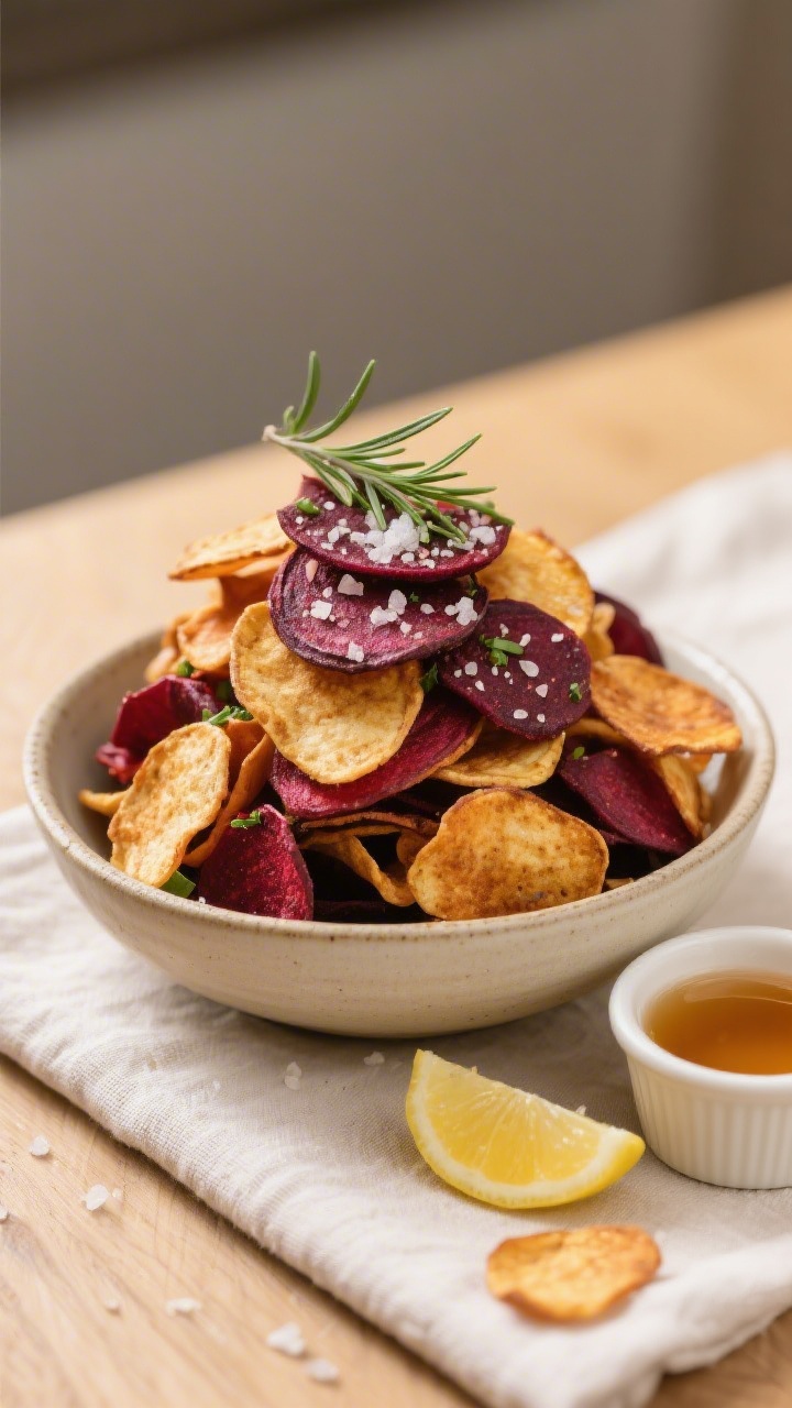 Final dish presentation: Restaurant-quality bowl of assorted beet chips piled high, colors layered f