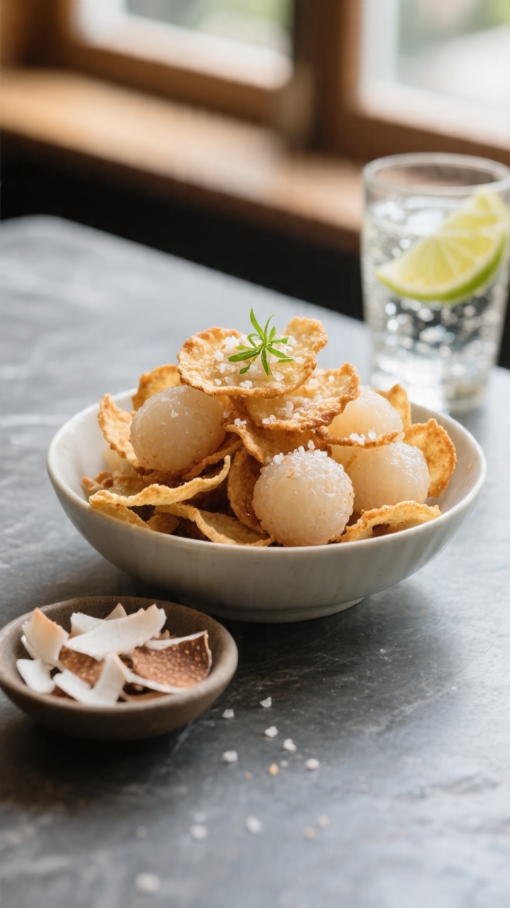 Final dish presentation: Restaurant-quality bowl of ultra-crisp lychee chips piled high, garnished w