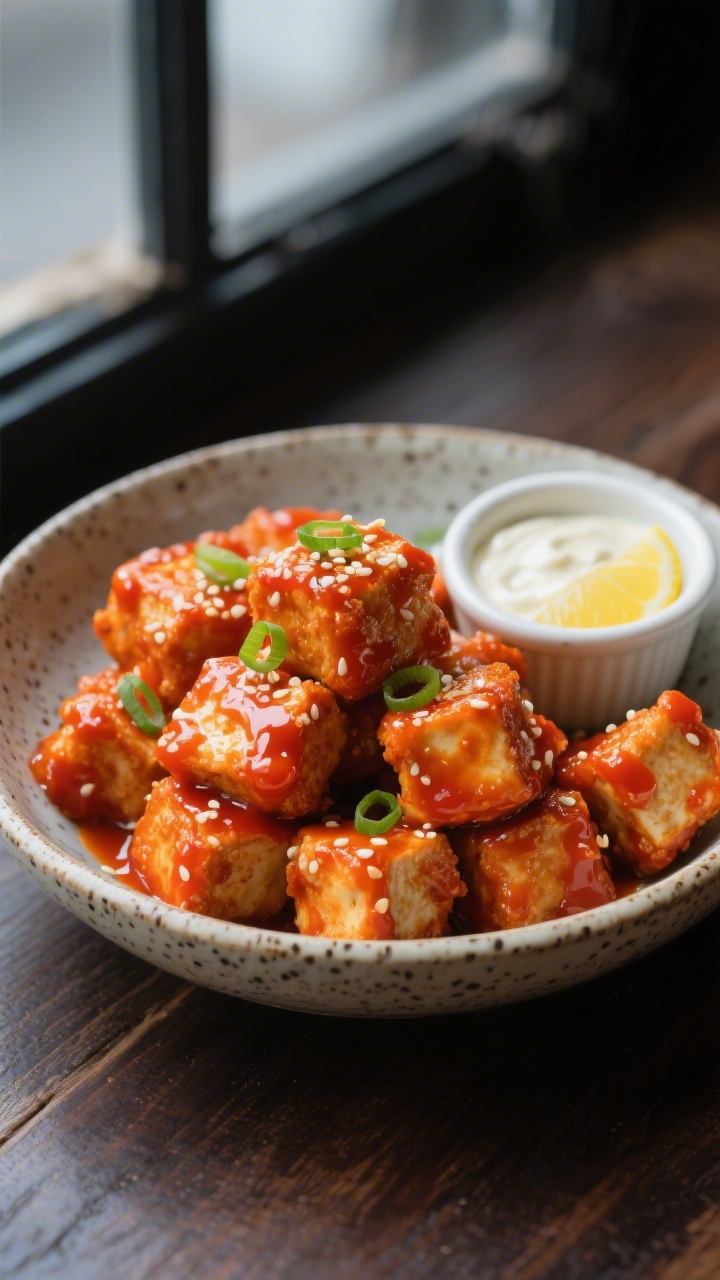 Final dish presentation: Restaurant-quality Buffalo Tofu Nuggets variation—cooked nuggets tossed i