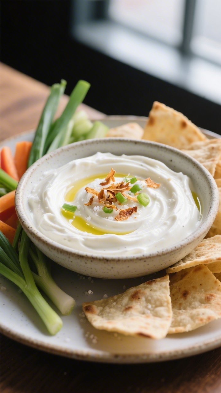 Final dish presentation: Restaurant-quality plate of creamy sour-cream-and-yogurt dip swirled in a s