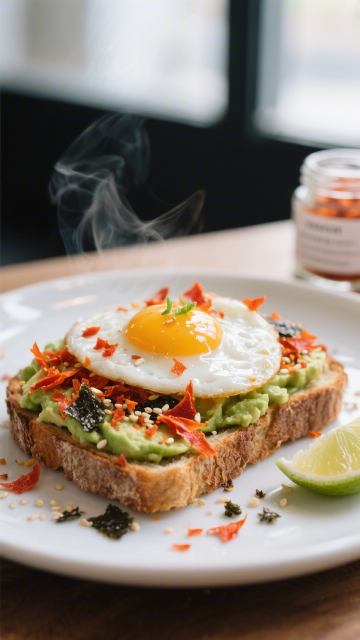 Final dish presentation: Restaurant-quality plate of avocado toast topped with a glistening fried eg