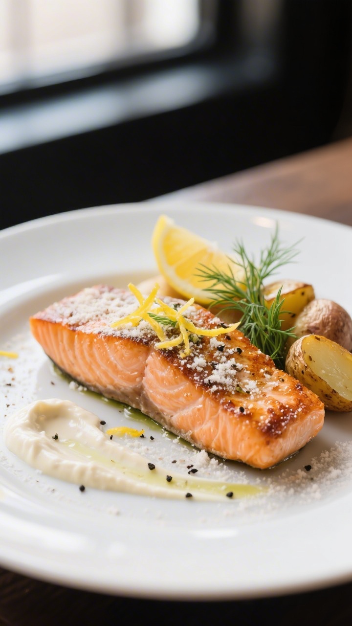 Final dish presentation: Restaurant-quality plate of seared salmon with lemon-pepper horseradish dus
