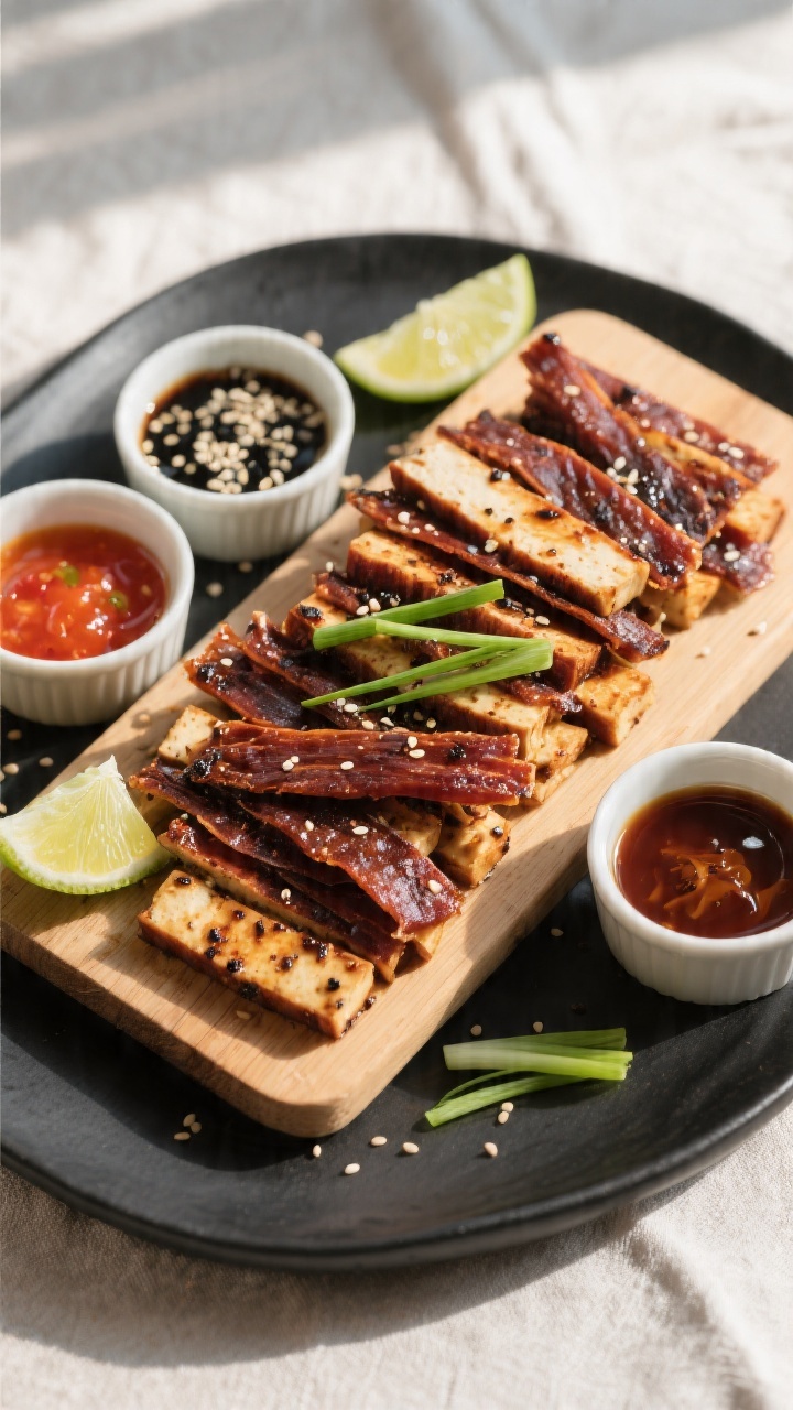 Final dish presentation: Restaurant-quality plated tofu jerky snack board, overhead —neatly stacke