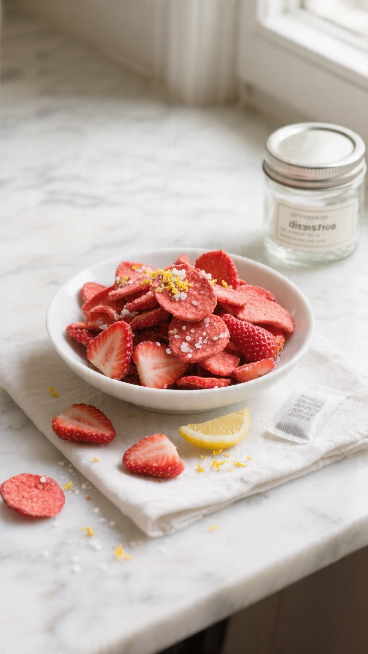 Final dish presentation: Restaurant-quality plating of air fryer freeze-dried strawberry chips piled
