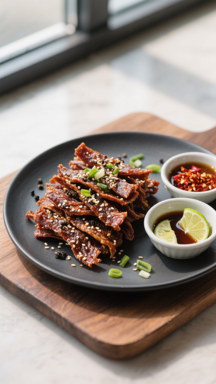 Final dish presentation: Restaurant-quality platter of air fryer thin cut jerky, neatly stacked and
