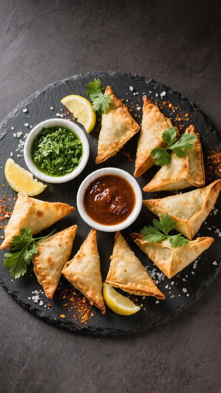 Final dish presentation: Restaurant-quality platter of air fryer samosa bites arranged in a circular