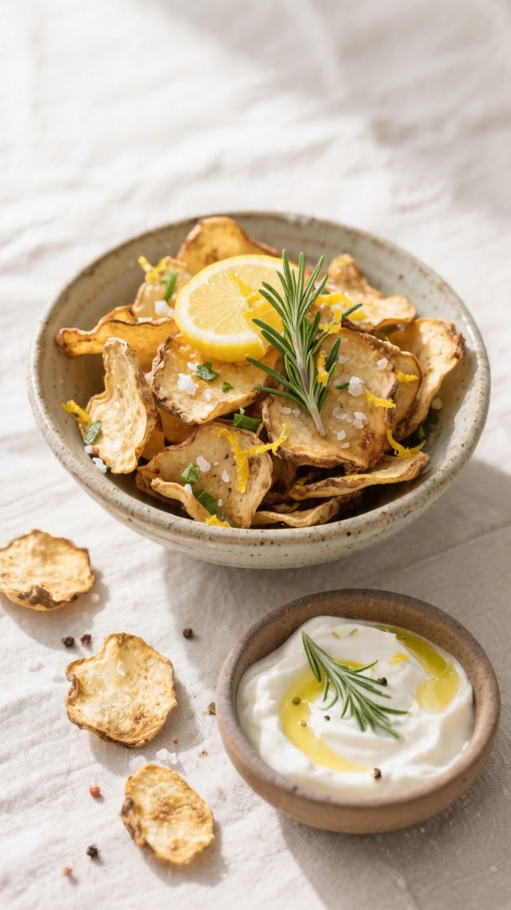 Final dish, tasty top view: Overhead shot of a rustic ceramic bowl heaped with crispy sunchoke chips