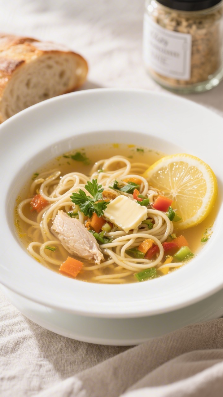 Final dish, tasty top view: Overhead shot of a white soup bowl filled with the plated dehydrated chi