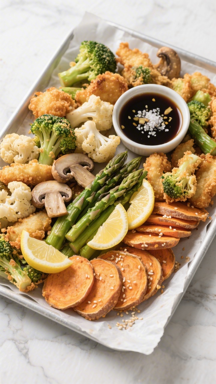 Final dish top view: Overhead shot of an abundant party platter of air fryer tempura veggies—brocc