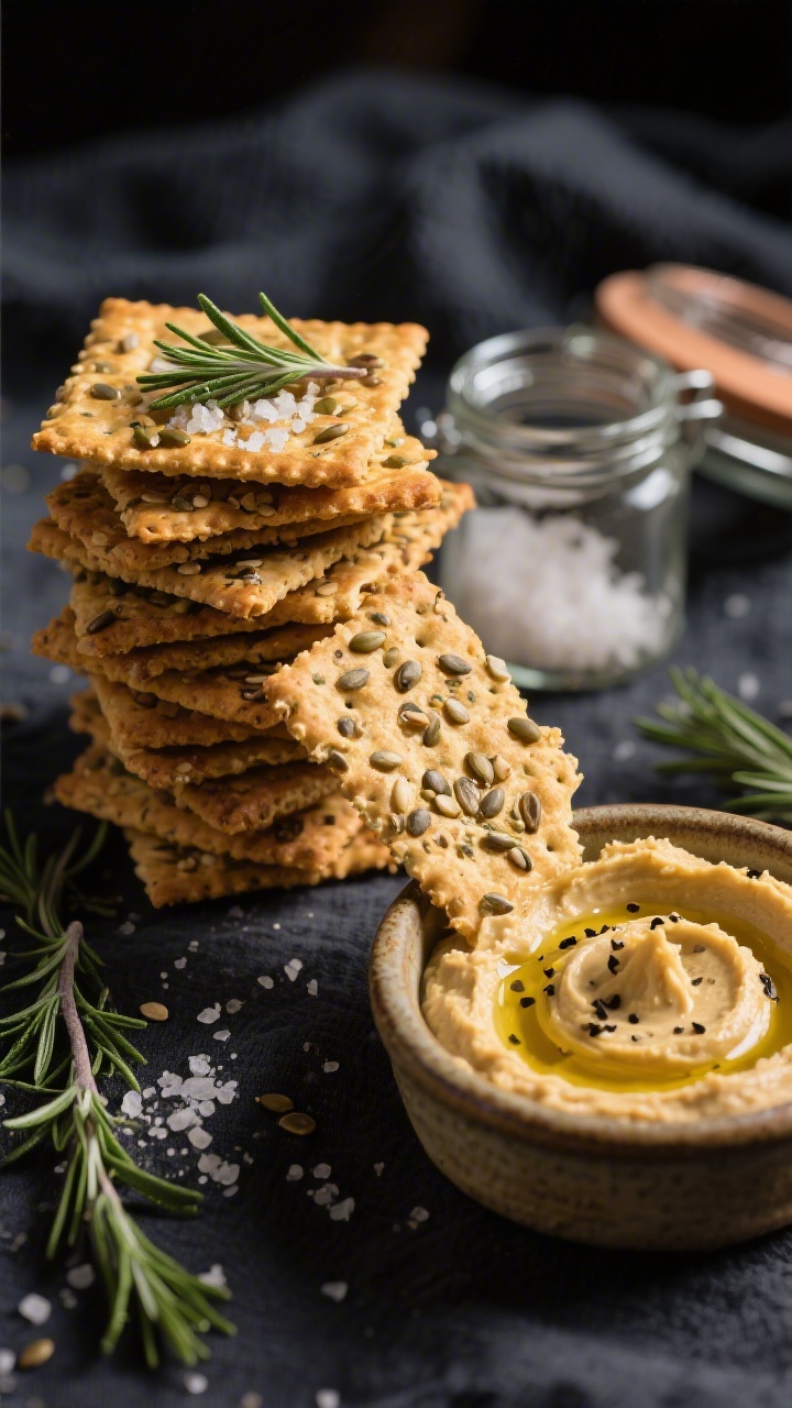 Final plated beauty shot: Stacks of golden-brown rosemary seed crackers leaning against a small jar,