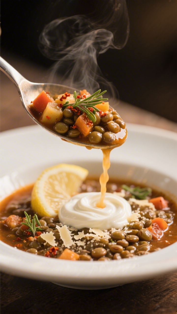 Final plated close-up: Intimate close-up of a hearty ladleful being poured into a bowl, showcasing g