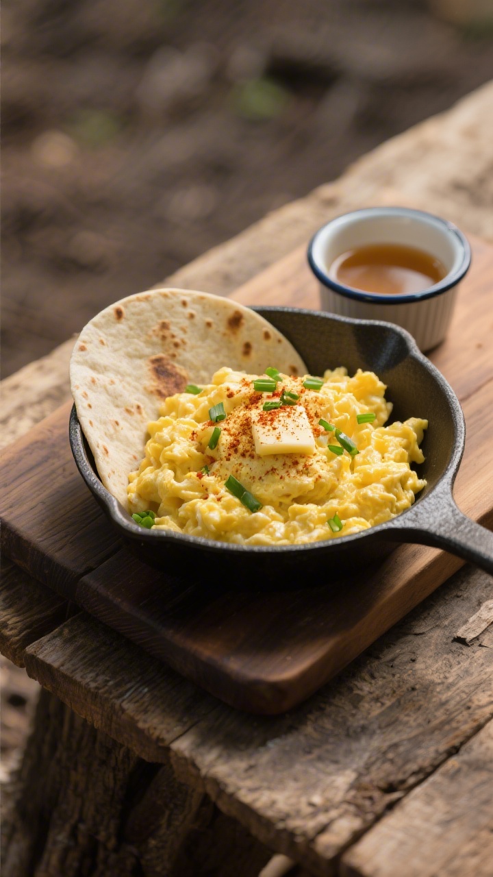 Final plated dish: Beautifully rehydrated scrambled eggs served camp-style in a matte enamel bowl, f