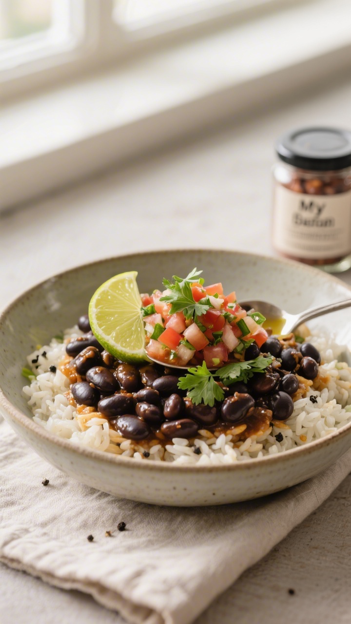 Final plated dish beauty: Restaurant-quality bowl of rehydrated Southwest-style black beans served w