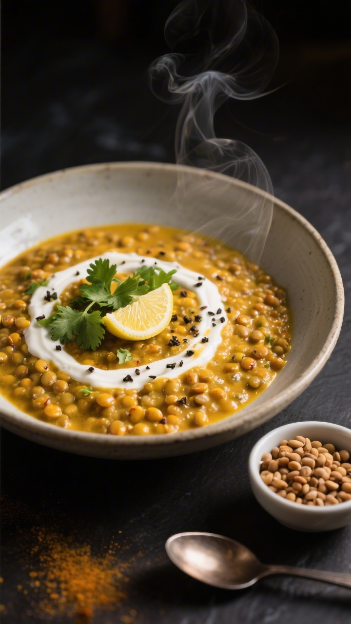 Final plated dish beauty shot: Rehydrated curry-spiced lentils served warm in a wide shallow bowl, c