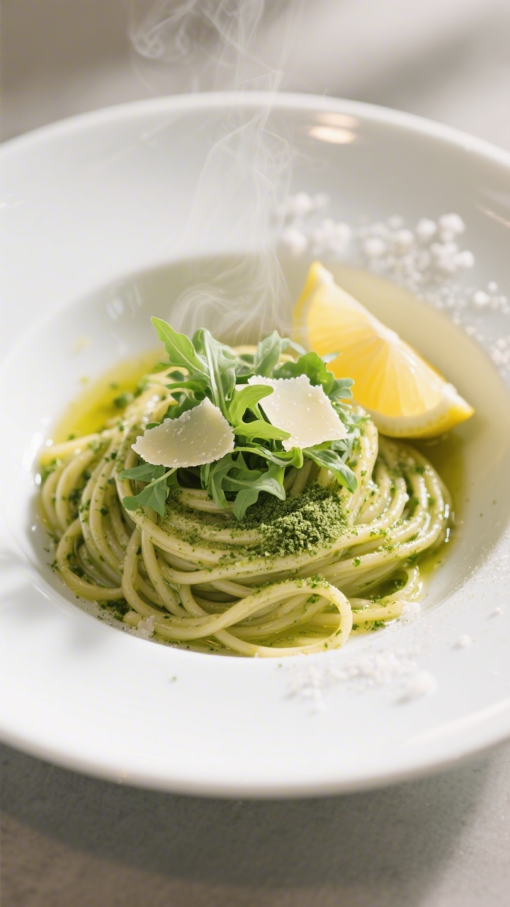 Final plated dish glamour shot: Al dente spaghetti tossed with olive oil and a squeeze of lemon, fin