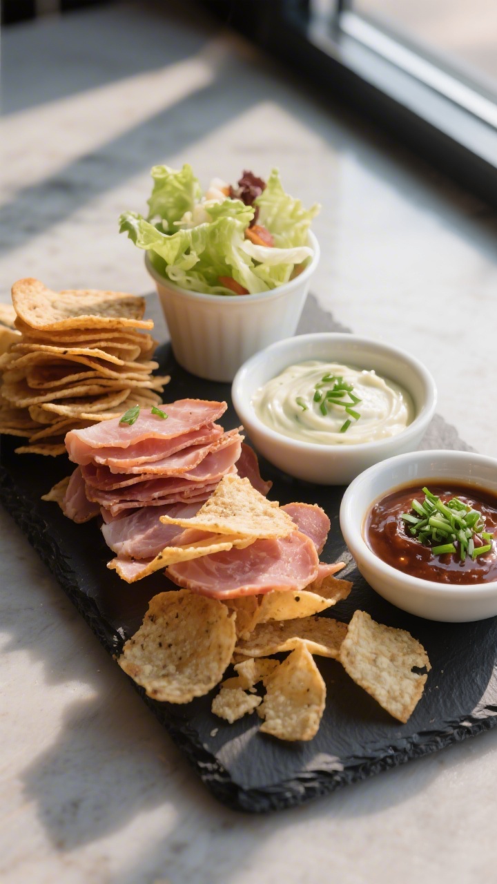 Final plated presentation: Restaurant-quality board snack—ham chips arranged in neat stacks and lo
