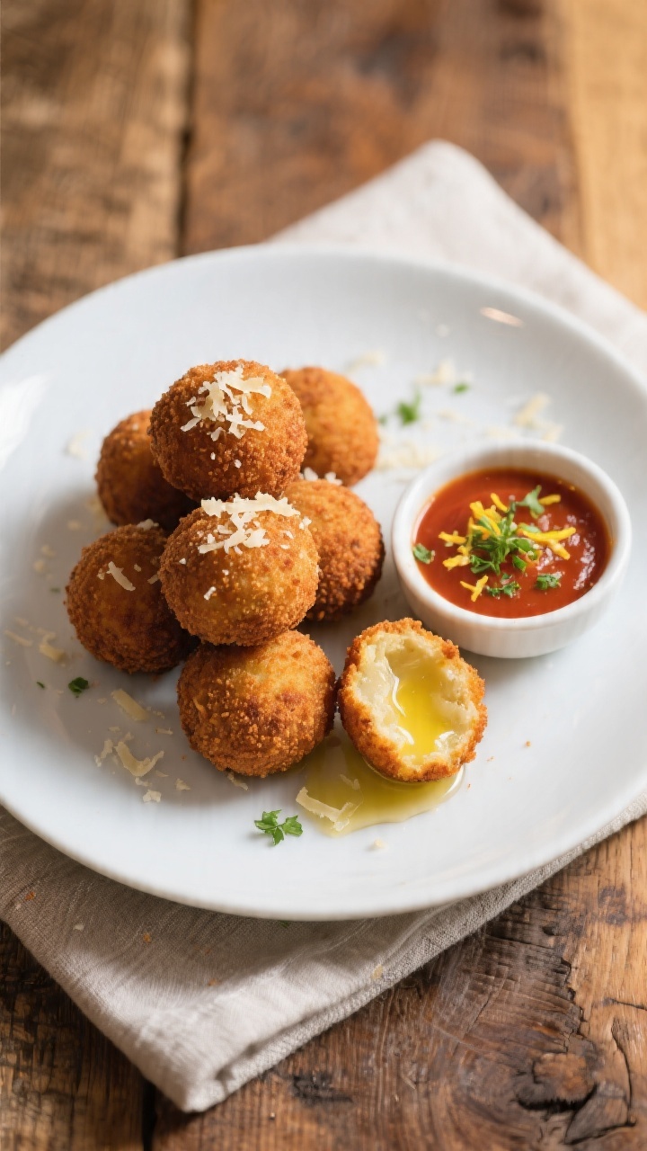 Final plated presentation: Restaurant-quality plating of golf-ball-sized arancini (5–6 pieces) sta
