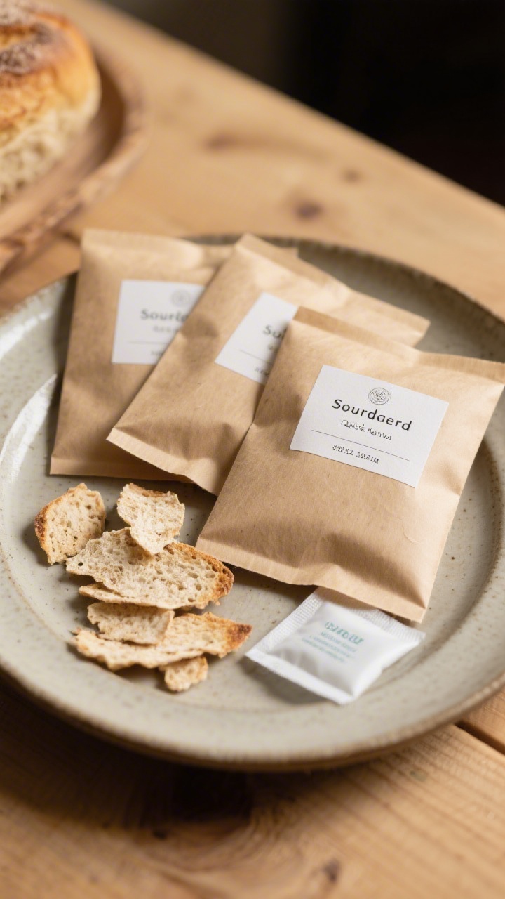 Final presentation: Beautifully styled gift-ready packets of dehydrated sourdough flakes—uniform s