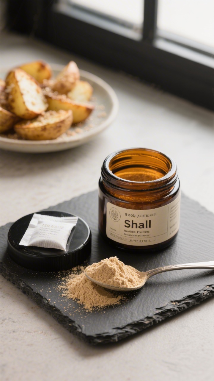 Final presentation: Beautifully styled top-down image of a labeled amber glass jar of shallot powder