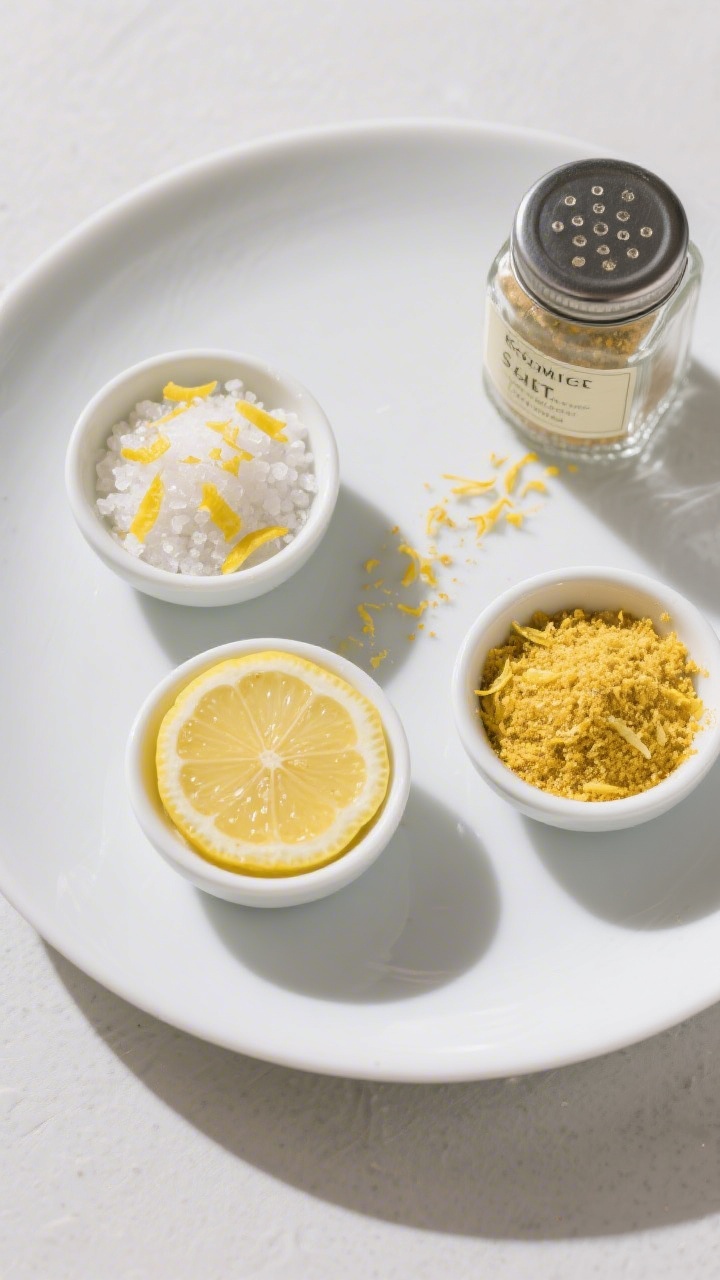 Final presentation: Beautifully styled trio of pantry blends—mini bowls of citrus salt (kosher sal