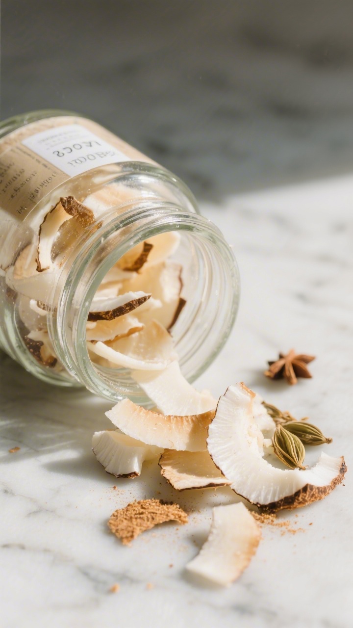 Final presentation close-up: Glass jar packed with dehydrated coconut flakes on a marble surface, li