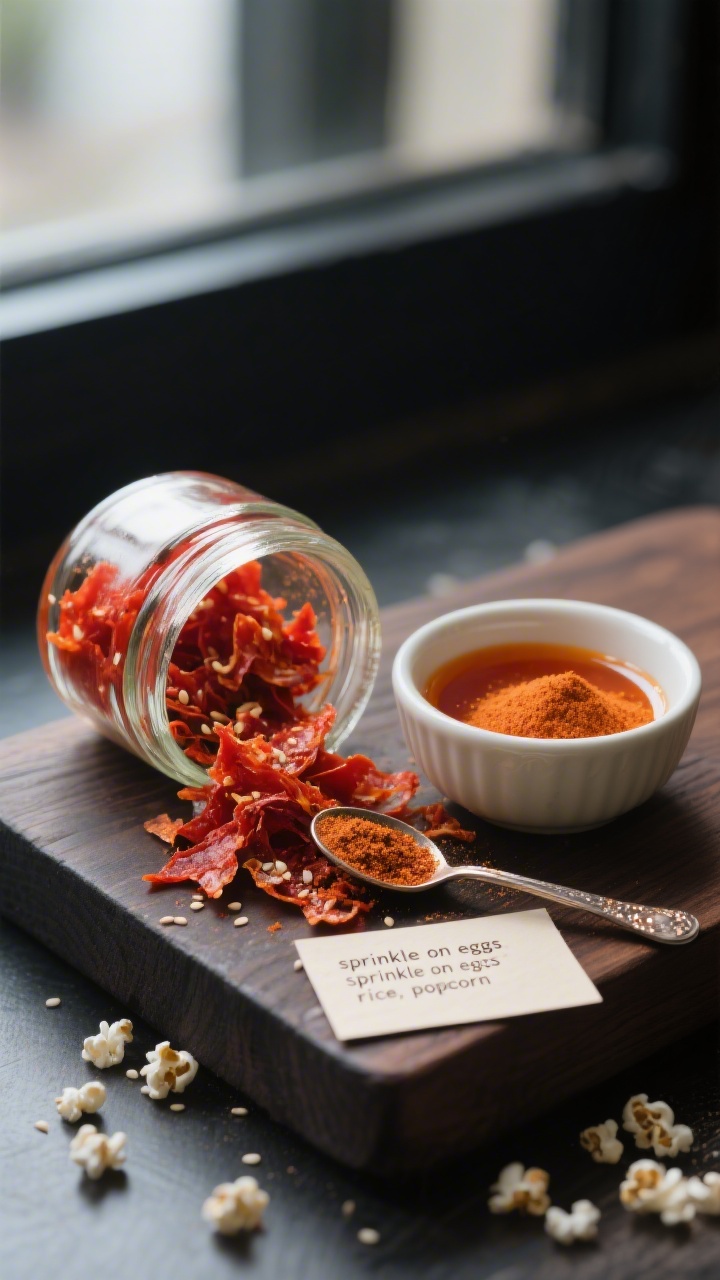Final presentation close-up: Small glass jar of deep-red dehydrated kimchi flakes and a companion ra