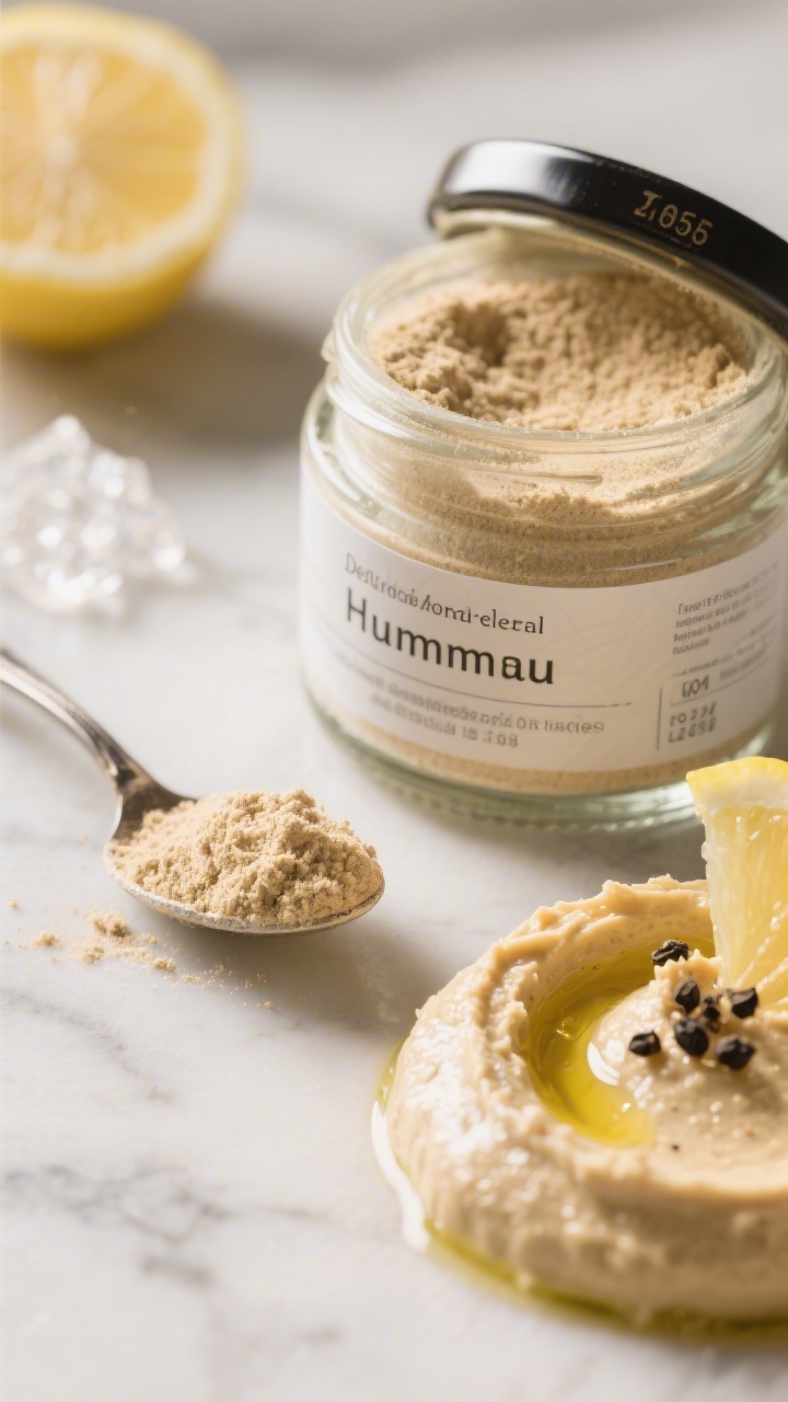 Final presentation macro: Glass jar of fine dehydrated hummus powder labeled and date-stamped, lid o