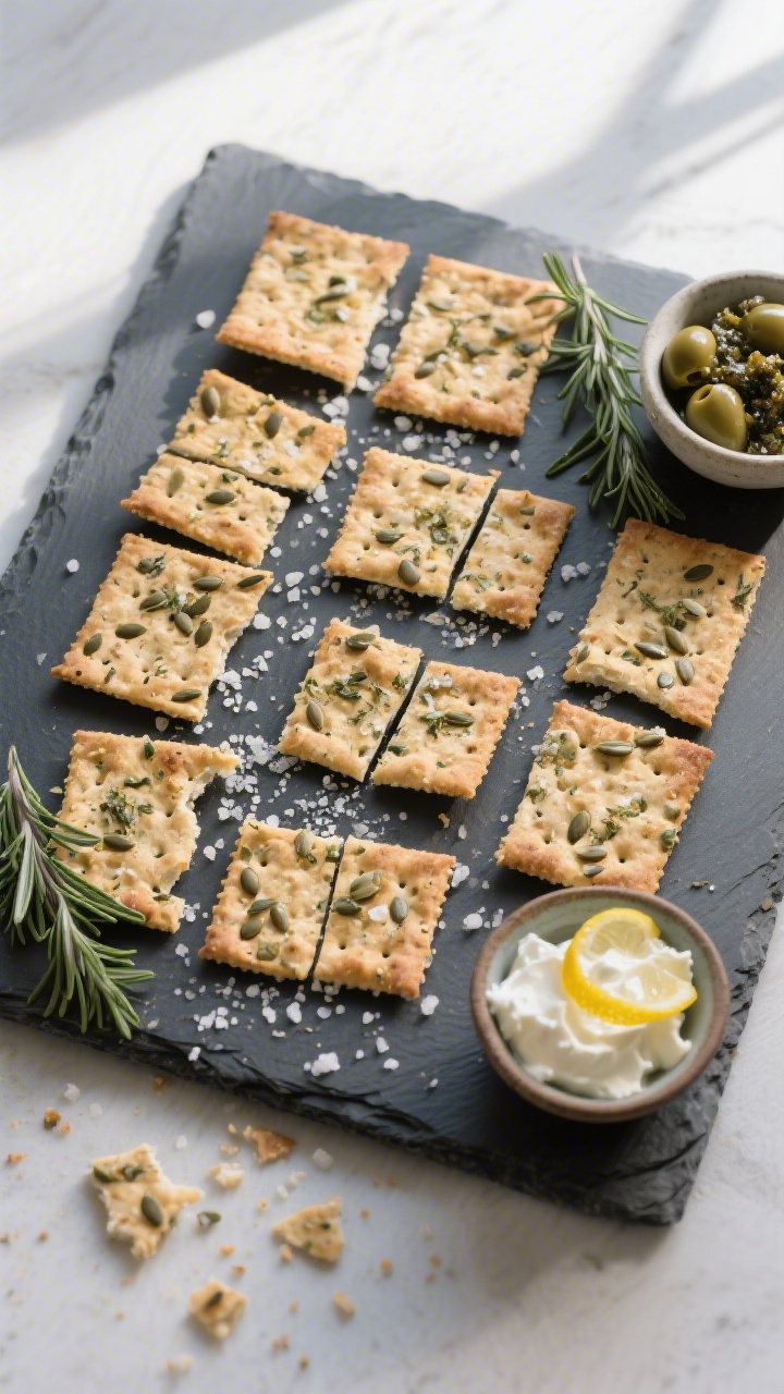 Overhead “tasty top view”: Finished dehydrated rosemary sea salt crackers snapped along score li