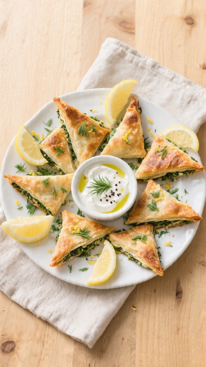 Overhead “tasty top view” of a party-ready platter: a circular arrangement of spanakopita triang