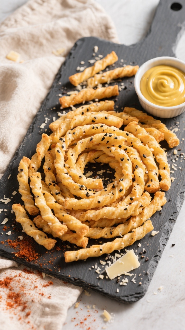 Overhead “tasty top view” of a party-ready platter of air fryer cheese straws arranged in a loos