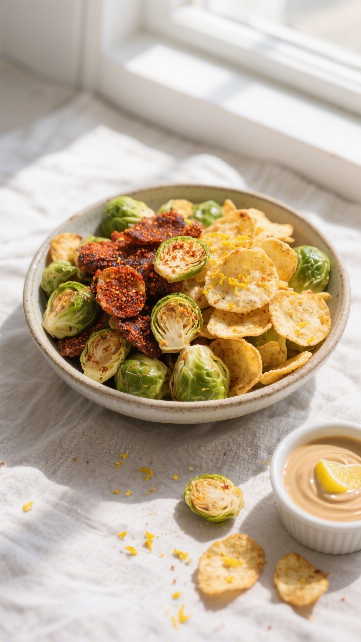Overhead “tasty top view” of a snacking scene: a wide, shallow ceramic bowl piled high with gold