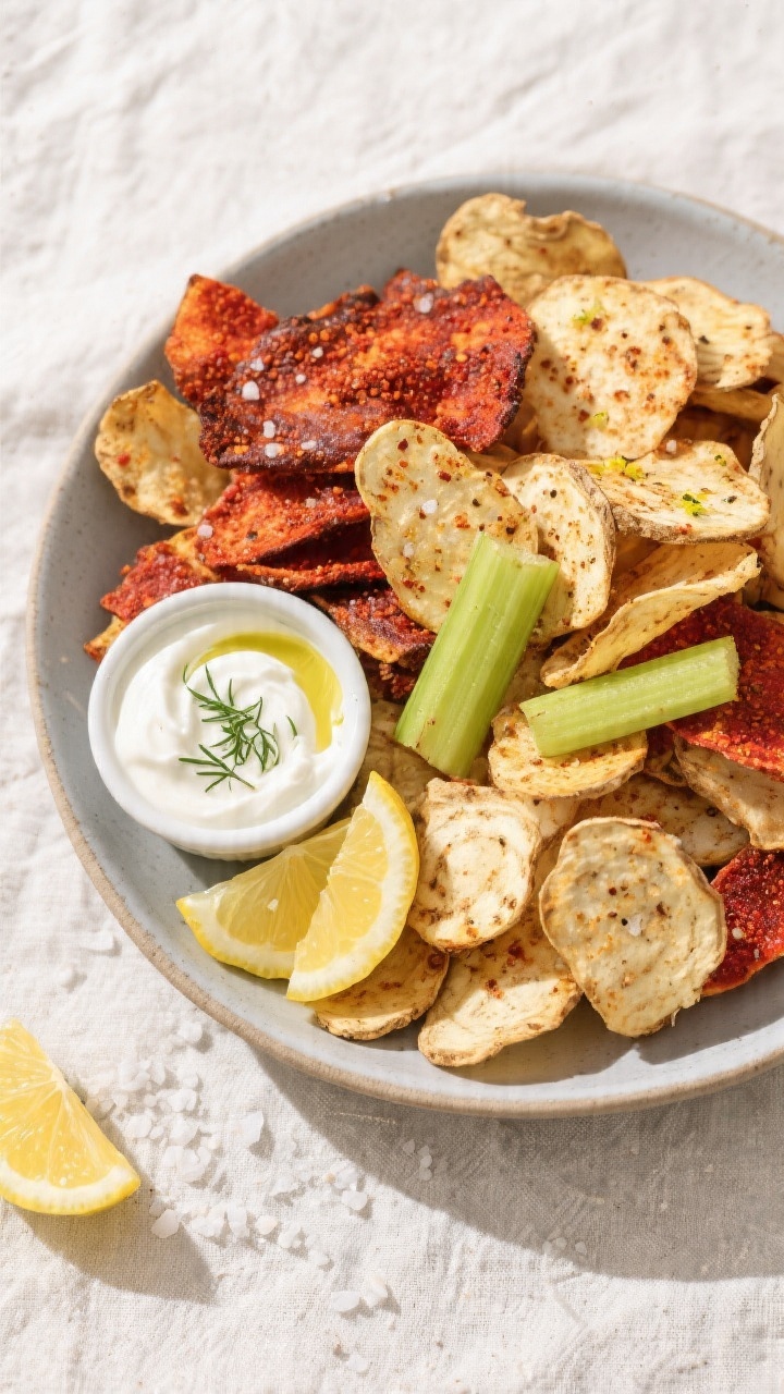 Overhead tasty top-view of a wide, shallow bowl piled high with assorted seasoned celery root chips: