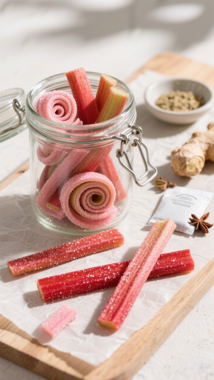 Overhead tasty top view of conditioned rhubarb strips coiled into neat spirals and short lengths in