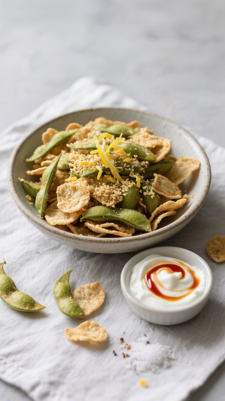 Overhead “tasty top view” of finished Dehydrated Edamame Crisps in a wide, low ceramic bowl, hea