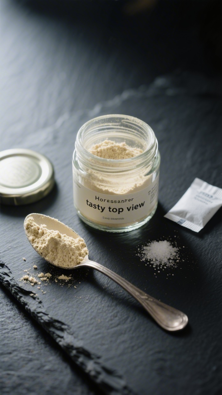 Overhead “tasty top view” of finished powder: A cool, moody top-down shot of a small glass jar o